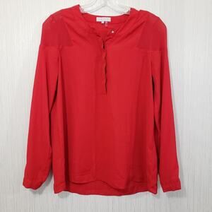 1. STATE red long sleeve 1/4 button front blouse with semi sheer shoulders XS